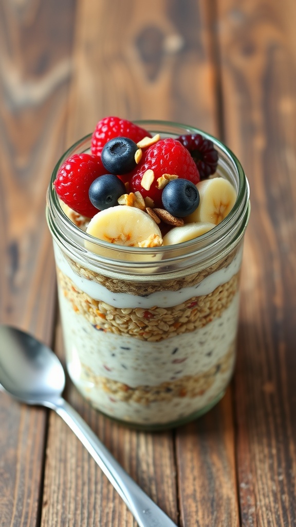 A glass jar of quinoa overnight oats topped with fresh berries and nuts, on a wooden table.